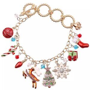 Christmas  Themed Enamel and Rhinestone Charm Bracelet